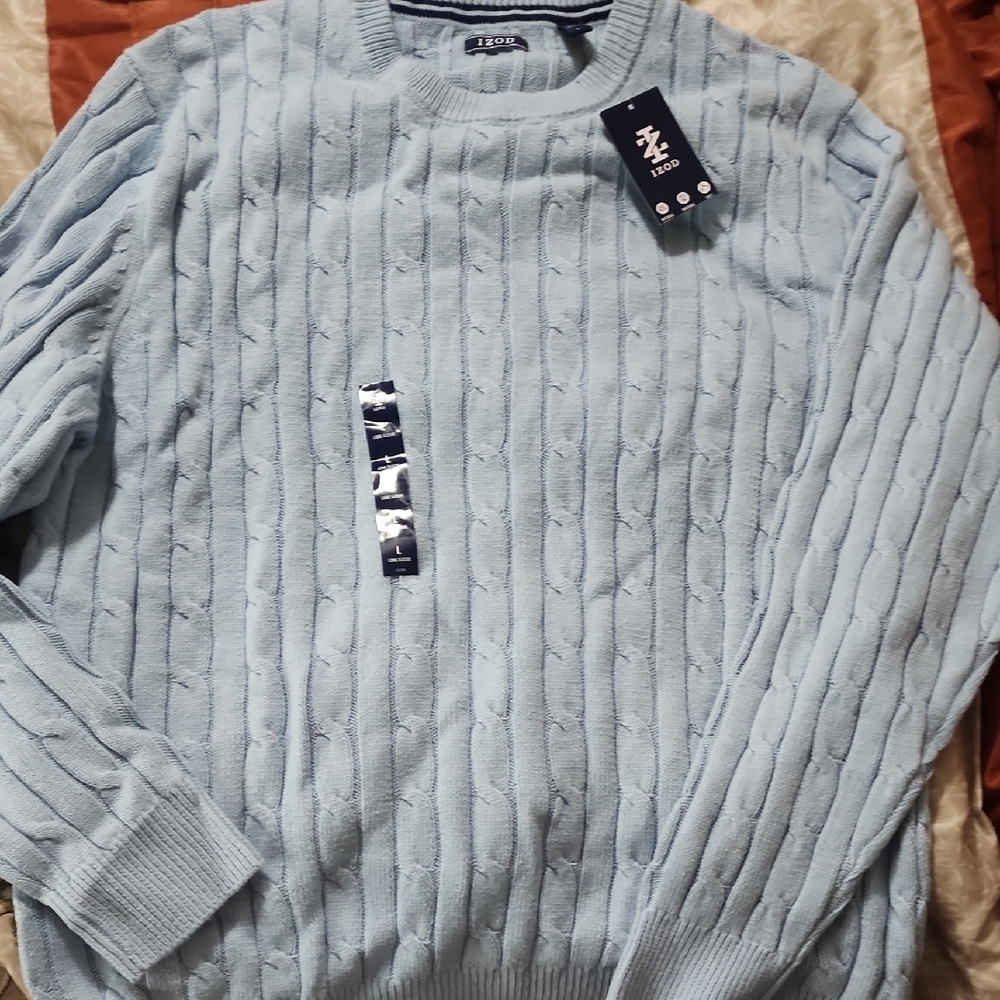 IZOD Men's Sky Blue Cable Knit Crewneck Sweater - Picture 2 of 4